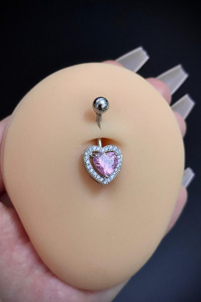 Blisse Piercing Kadın Cerrahi Çelik Pembe Kalp Figürlü Taşlı Belly Göbek Piercing