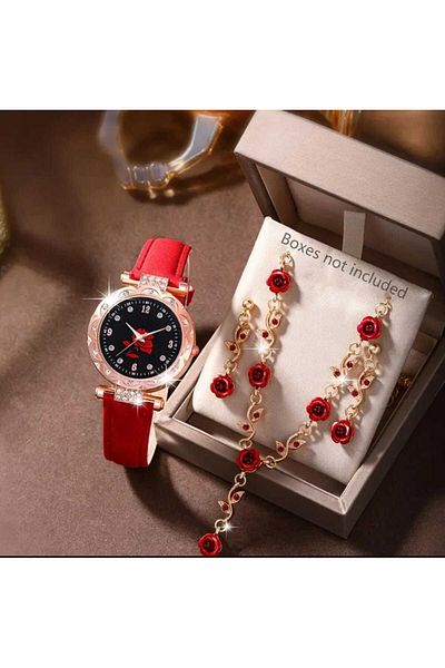 Beyna Rose Gold Plated Crystal Stone Rose Necklace Earring Watch Gift Set for Lover, Mother