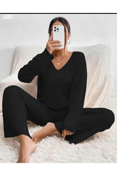 ESM Noche Women's Cotton Bottom - Top Pajamas Set - Thin Seasonal - Ribbed Camisole Pajamas Set - Black