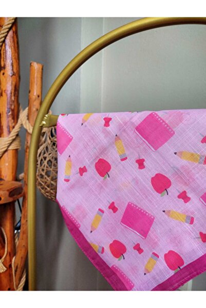 HURİSÖNMEZ Kız Çocuk Eşarbı Elma-Defter Temalı 80*80 cm Pamuklu Eşarp