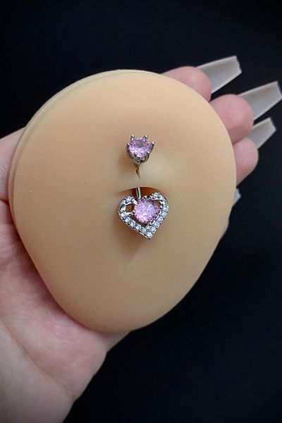 Blisse Piercing Women's Surgical Steel Double Stone Pink Heart Figured Belly Navel Piercing