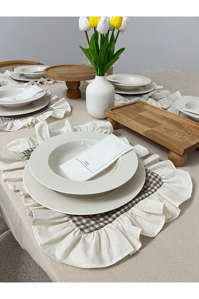Mirilliahome 6 τεμαχίων Frilly Cotton Linen American Service - Λινάρι Supla - 4 άκρες Frilly