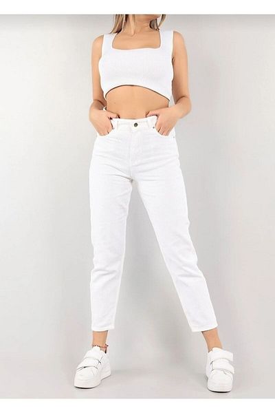ByCukurovaFrango High Waist Stretchy White Mom Jean - Lycra, No Sheer Underwear 2024