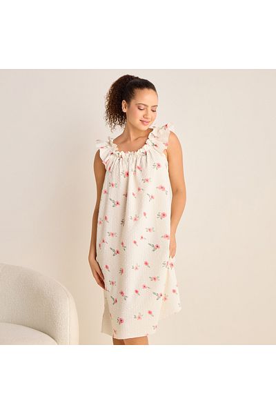 FAV Floral Print Sleeveless Night Dress with Ruffle Detail