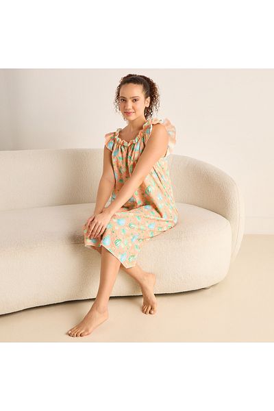 FAV Printed Sleeveless Night Dress with Ruffle Detail