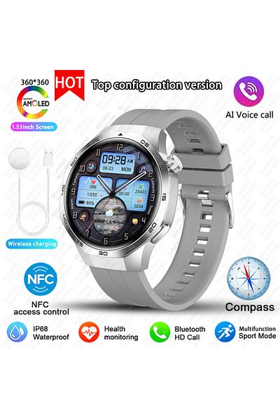 BOXUXING GPS NFC Watch GT5Pro Silver New For Huawei Watch GT5 Pro Smart Watch HD AMOLED Screen NFC GPS Tracke