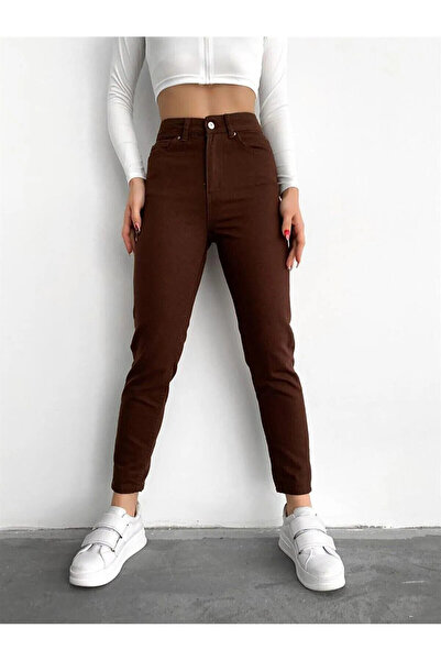 ByCukurovaFrango بنطلون جينز بني BY-1604 بتصميم موم جينز عالي الخصر، جينز بوي...