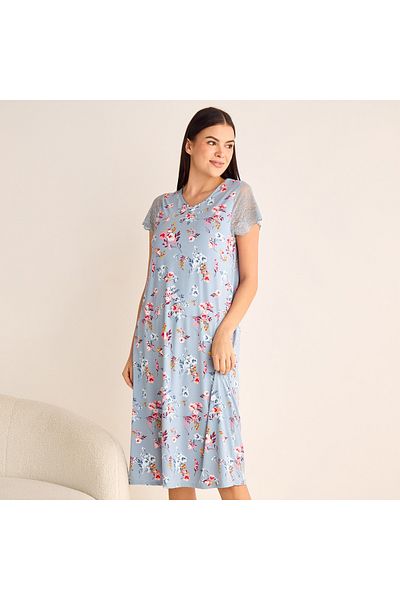 FAV Floral Print Sleepshirt With Short Sleeves And V-neck