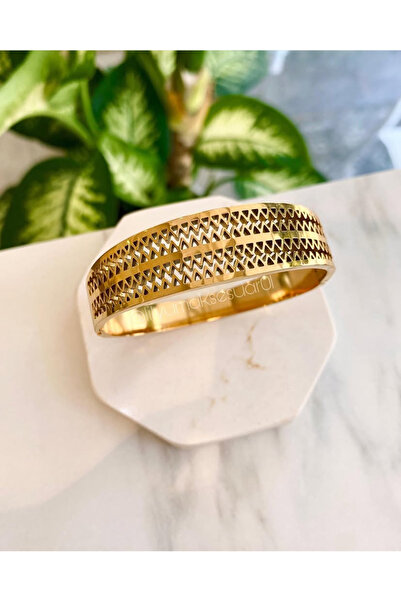 Lilyum Aksesuar Zigzag Desenli Gold Sarı Altın Renk Kalın Çelik Kelepçe Bilez...