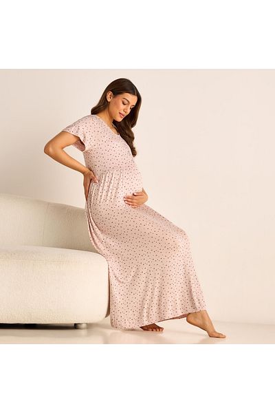 FAV Printed Maternity Night Dress With Round Neck And Short Sleeves
