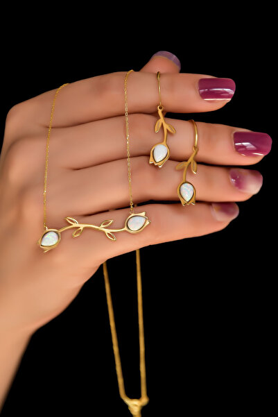 Papatya Silver 925 Ayar Gümüş Gold Kaplama Özel Tasarım Dallı Beyaz Opal Lale...