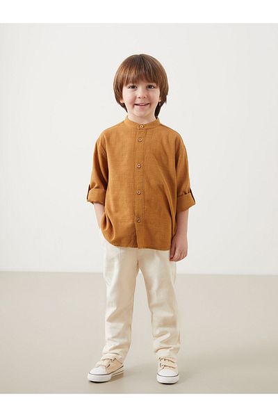 LC Waikiki Linen-Viscose Blended Cotton Fabric Stand Collar Baby Boy Shirt & Pantalon 2-Piece