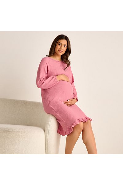 FAV Textured Maternity Night Dress with Long Sleeves