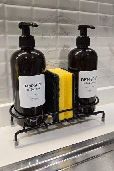 Kitchen Beauty Metal Standlı Sabunluk Seti 2'li Sıvı Sabunluk Seti Ve Bulaşık Süngeri