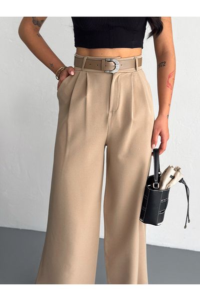winmoda Creamy Women's Fabric Trousers / Meke Baggy Model with Double Fold Thick Belt