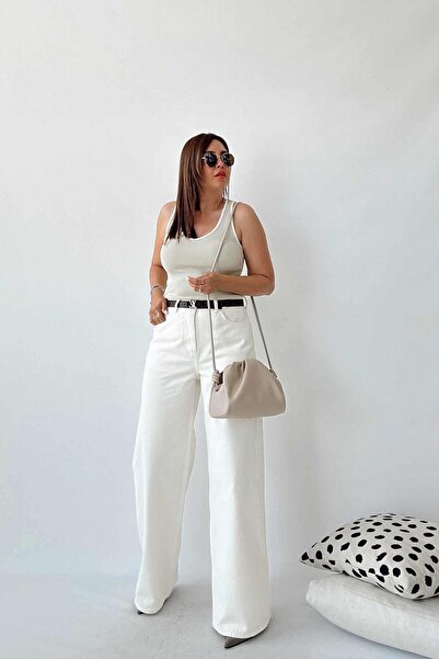 MAKRAS EXCLUSIVE A178748 Women's Cream Color High Waist Wide Leg Jean Boyfriend Loose Baggy Jeans Pants