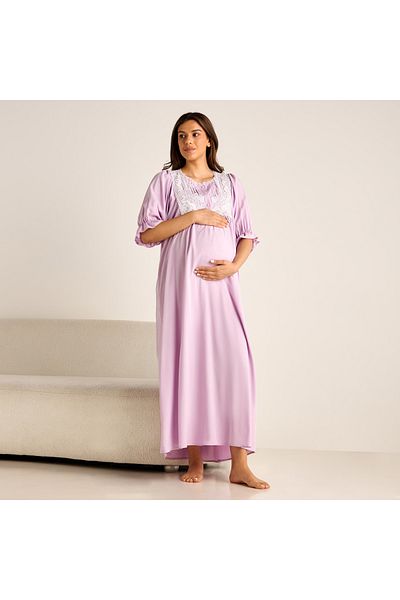 FAV Lace Detail Maternity Night Gown With Puff Sleeves