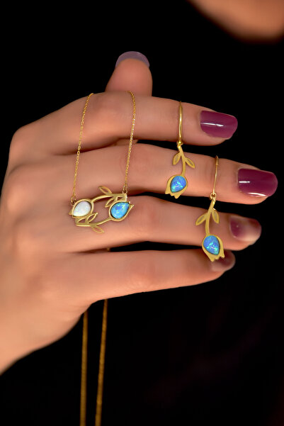 Papatya Silver 925 Ayar Gümüş Gold Kaplama Özel Tasarım Beyaz-mavi Opal Kolye...