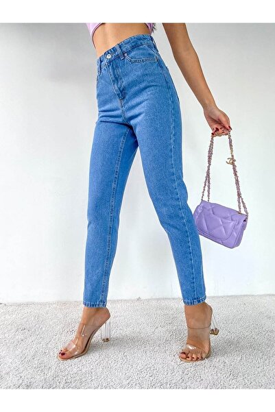 MAKRAS EXCLUSIVE A121823 Blue Lycra Mom Jean Pants High Waist Jeans Skinny Leg Jeans