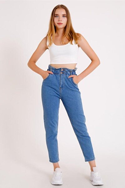 ByCukurovaFrango BY-2184 Γυναικείο παντελόνι μεσαίου μήκους μπλε μέσης, ελαστ...