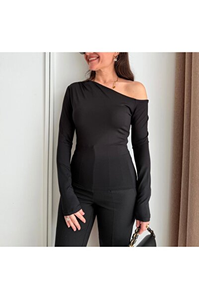 KAROL Siyah omzu açık uzun kollu dar Modal bluz