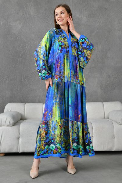 WOMAN VISION Rochie de vară cu imprimeu floral albastru, cu nasturi, guler dominant, mânecă cu balon, lungime midi, evazată, 036