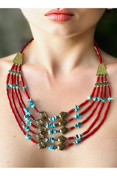 dela otantik Doğal taşlı bohem kadın kolye, El yapımı otantik etnik büyük turkuaz kırmızı takı, Necklace Jewelry