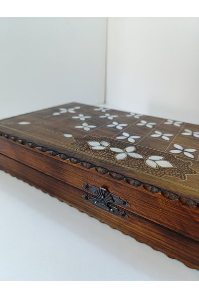 Mess Mother-Of-Pearl Inlaid Filigree Embroidered Handcrafted Large Size Wooden Backgammon Board - Brown (25X50 cm)