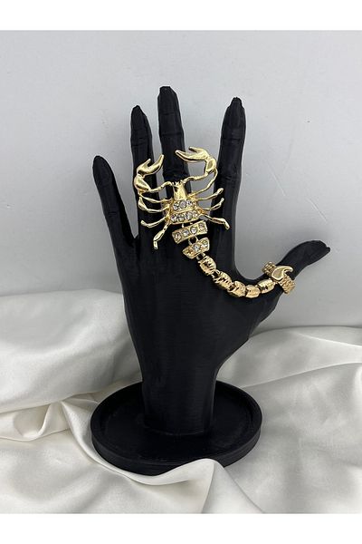 Yıldız Accessory Gold Colored Zircon Stone Scorpion Double Finger Adjustable Size Ring