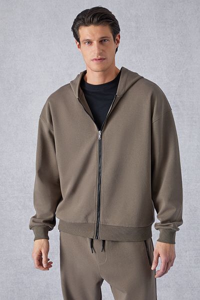GRIMELANGE Ralf Men's Hooded Long Sleeve Print Detailed Zippered Oversize Dark Brown Jacket