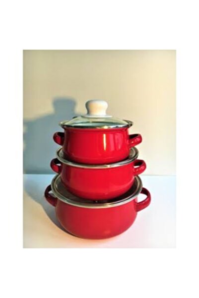 abnturk Emaye 3’Lü Mini Tencere Seti 16Cm /14Cm/ 12Cm Kırmızı Renk