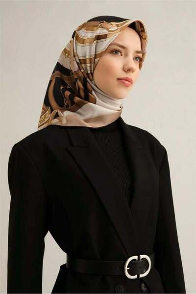 Armine Siyah Kahve Zincir Kemer Desen Saf İpek Tivil Dokuma Eşarp-E25YA9315D02-03-KVS0669