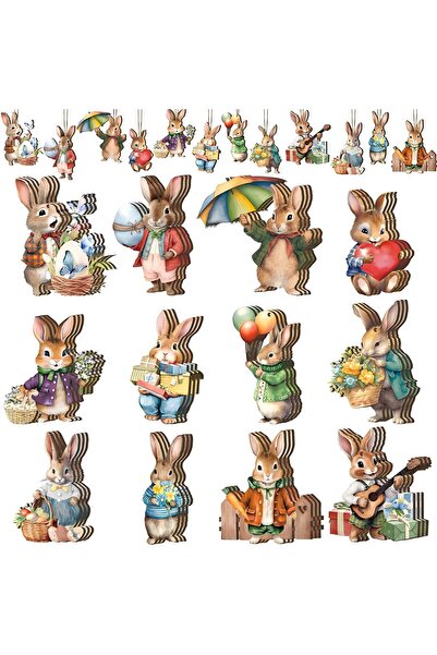 Choice Deep Sapphire 24pcs/set Easter decoration pendant, 2D wooden Easter egg rabbit hanging ornament, spr