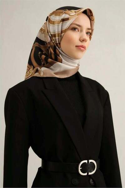 Armine Siyah Kahve Zincir Kemer Desen Saf İpek Tivil Dokuma Eşarp-E25YA9315D02-03-KVS0669