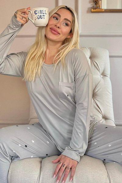 Pijamaevi Gray Star Patterned Bamboo Long Sleeve Women's Pajama Set