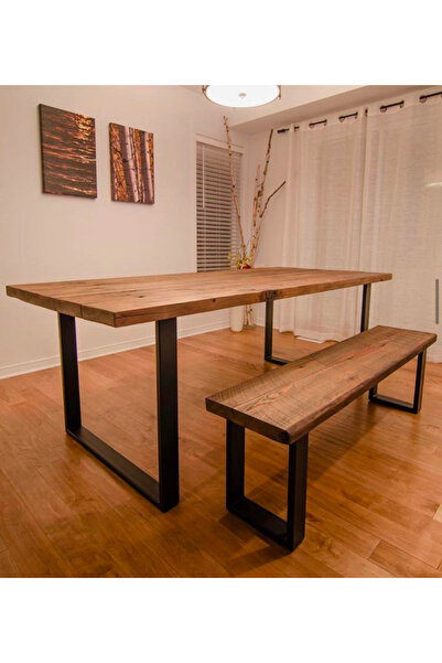 retron atölye woodworks Masif Ahşap Büyük yemek masası ve bench takım rustik