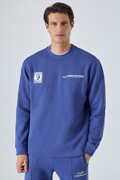 GRIMELANGE Ping Men's Crew Neck Relaxed Front Print Detailed Elastic Waist Navy Blue Tracksuit Set