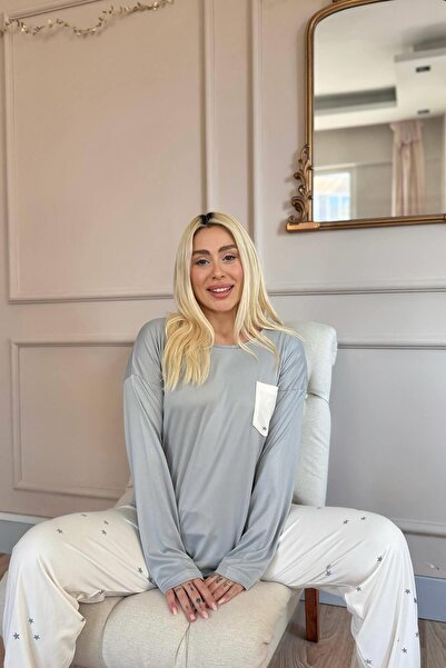 Pijamaevi Krem Yıldız Desenli Bambu Uzun Kol Kadın Pijama Takımı