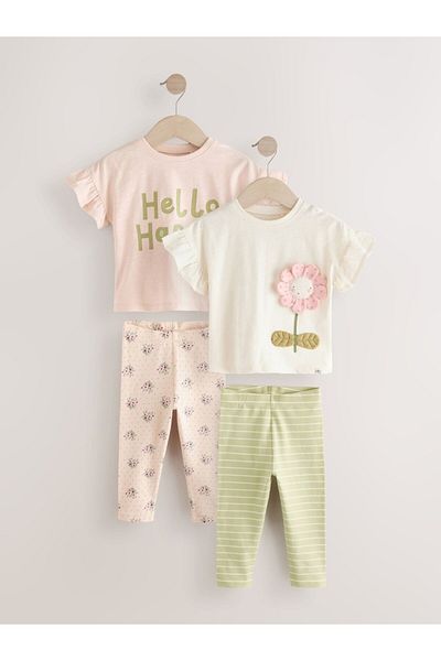 Next Baby Cotton Cream Short Sleeve Floral Patterned 3-Piece Bottom and Top Set