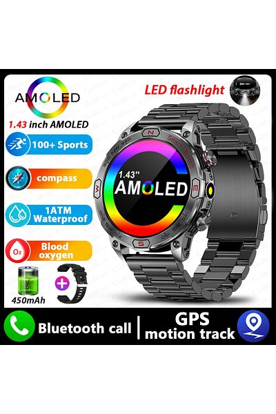ChiBear Black steel 2024 New Real AMOLED Smart Watch Men 450 mAh Battery Fitness Tracker IP68 Waterproof Blu