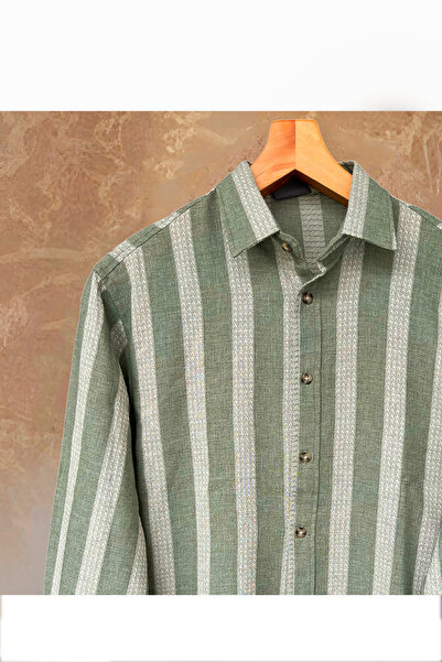 Hazhers Erkek Oversize Gömlek Yaka Keten Uzun Kollu Yazlık Gömlek