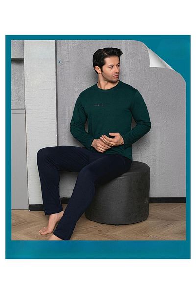 Sude Men's Crew Neck Combed Cotton Long Sleeve Thin Pajama Set A-301-991- 1 Piece
