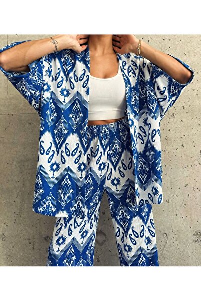 BELLA FASHION طقم أزرق منقوش أصلي - كيمونو، بنطلون