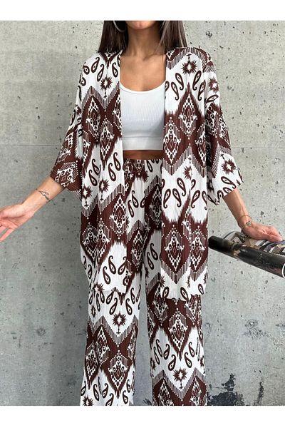 BELLA FASHION Brown Authentic Patterned Suit - Kimono, Trousers