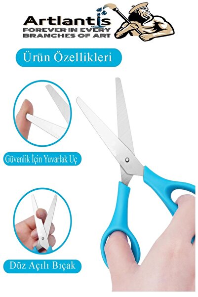 Artlantis Sol El Makası 2 Adet Solak Okul Makası Plastik Saplı Solel İçin Makas Okul Öğrenci Makası Küt Uçlu P