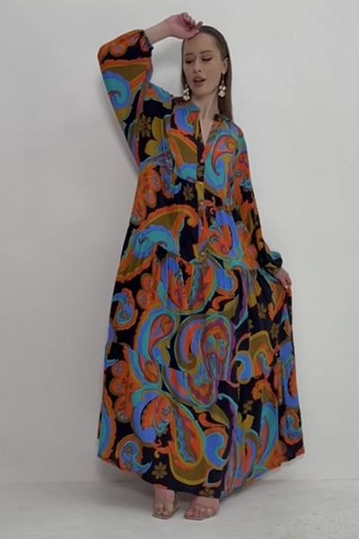 AYASOFYA OTANTIK Rochie lungă de damă, portocalie, neagră, cu nasturi, cu guler cu plachetă, cu mâneci cu balon, cu mâneci florale