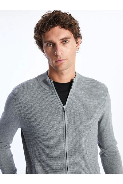 LC Waikiki Lcwaikiki Classic Gray Standard Fit Stand Collar Men's Knitwear Cardigan