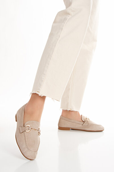 MİSSOLLES METAL TOKALI KADIN LOAFER AYAKKABI BEJ SÜET