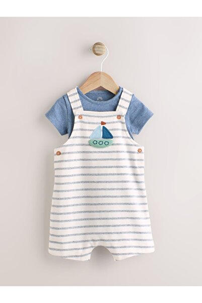 Next Baby %100 Pamuklu Mavi Beyaz Çizgili Gemi Desenli Kısa Kollu Salopet Bod...