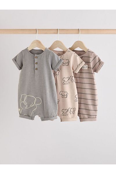 Next Baby 100% Cotton Neutral Elephant Patterned 3-Piece Romper Set